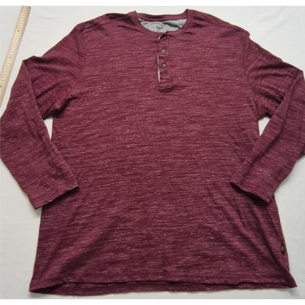 Lee Men's Maroon Henley Shirt 2XL Long Sleeve Pullover 3 Button Neck Regular Fit